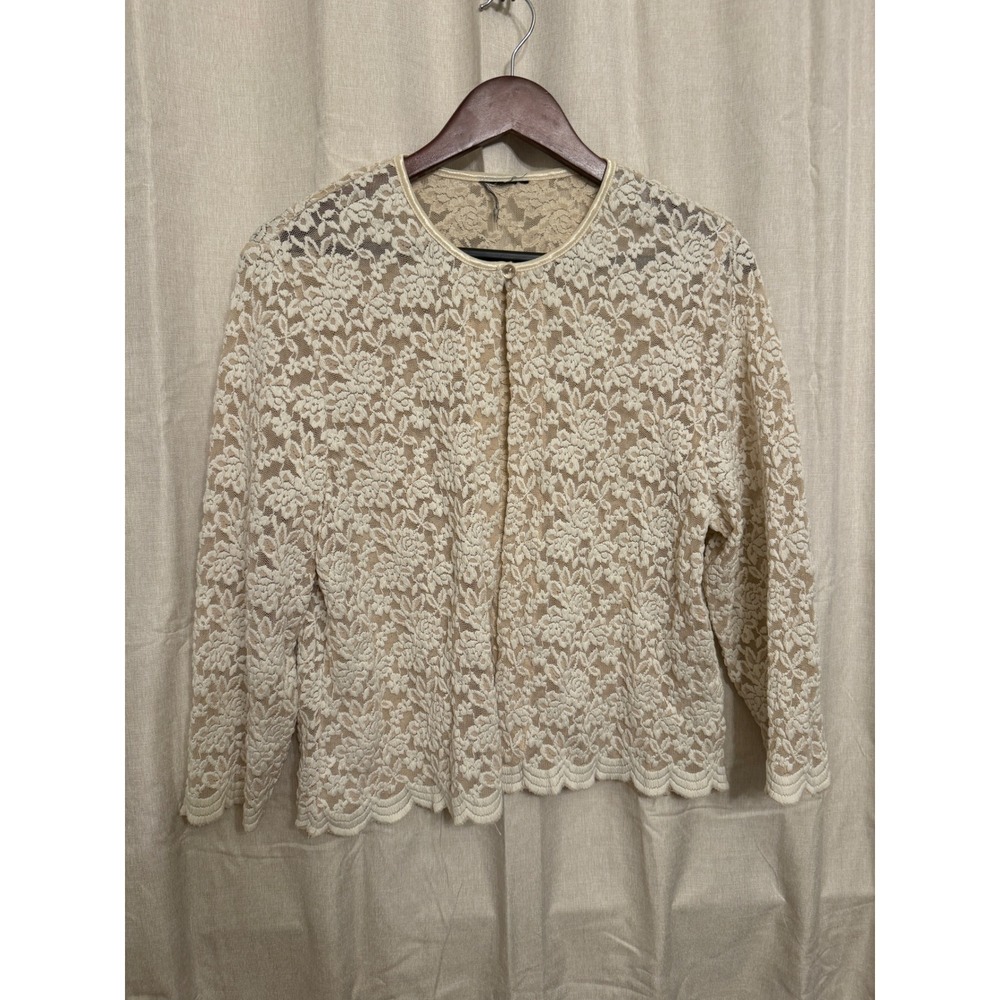 Women's Floral Lace Cardigan Cream Sheer Scalloped Hem Grandma Cottage Core XL